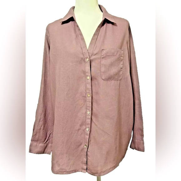 Sigrid Olsen 100% Linen Top Womens Medium Button Up Purple SMALL FLAW - Picture 1 of 15
